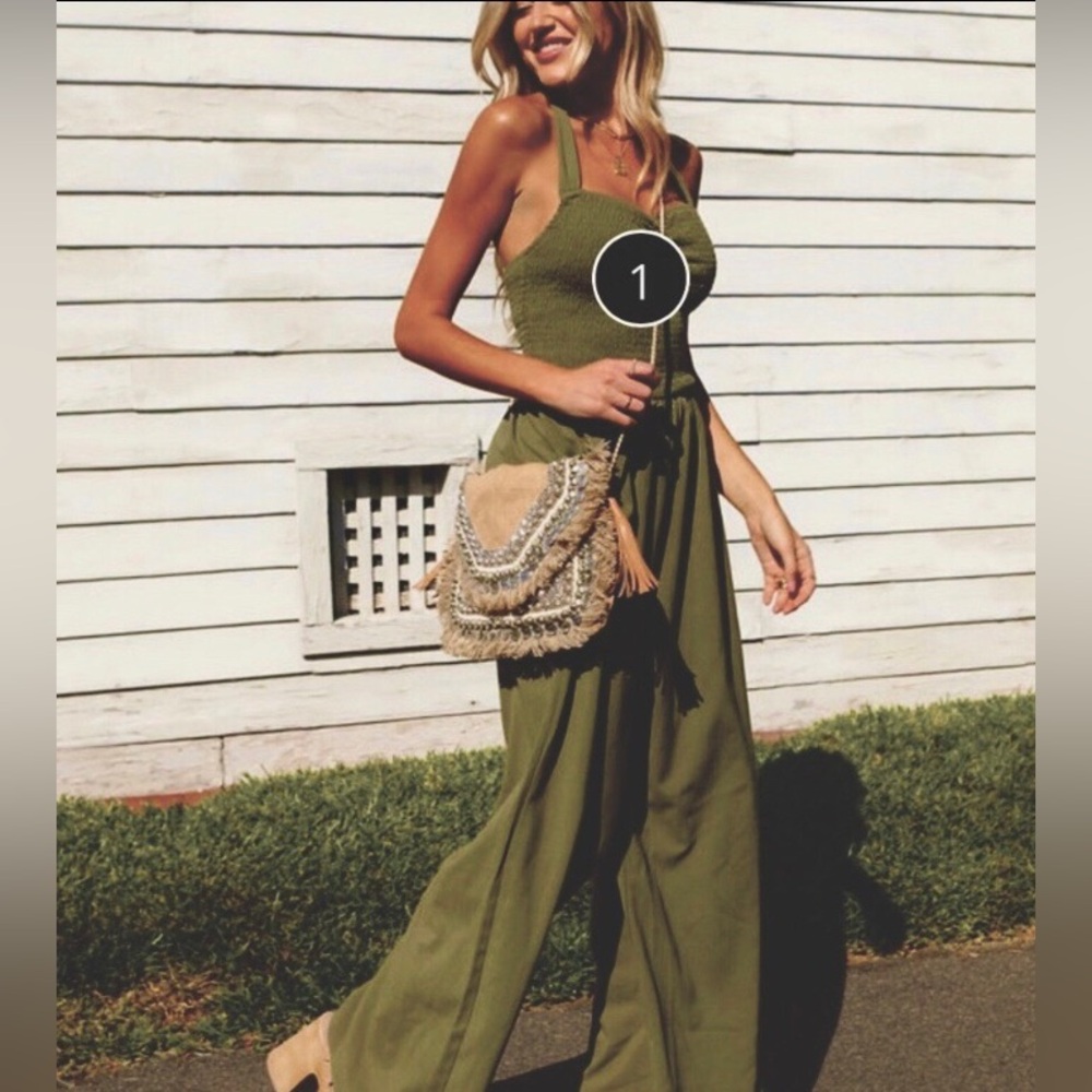 VICI smocked bodice jumpsuit w/ adjustable tie at neck. NEW L olive green
